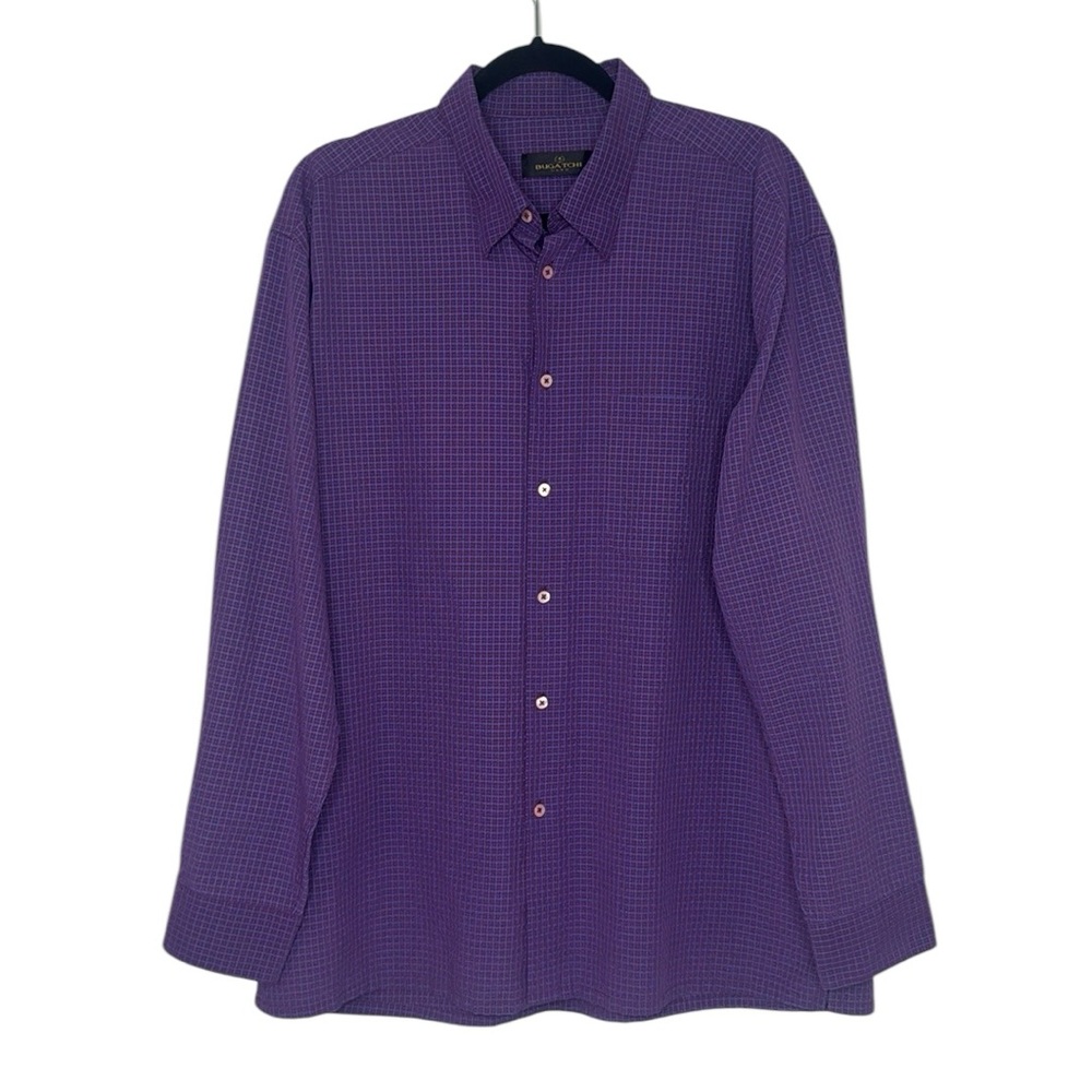 Bugatchi Purple Blue Micro Plaid Long Sleeve Button up Bold Shirt XL